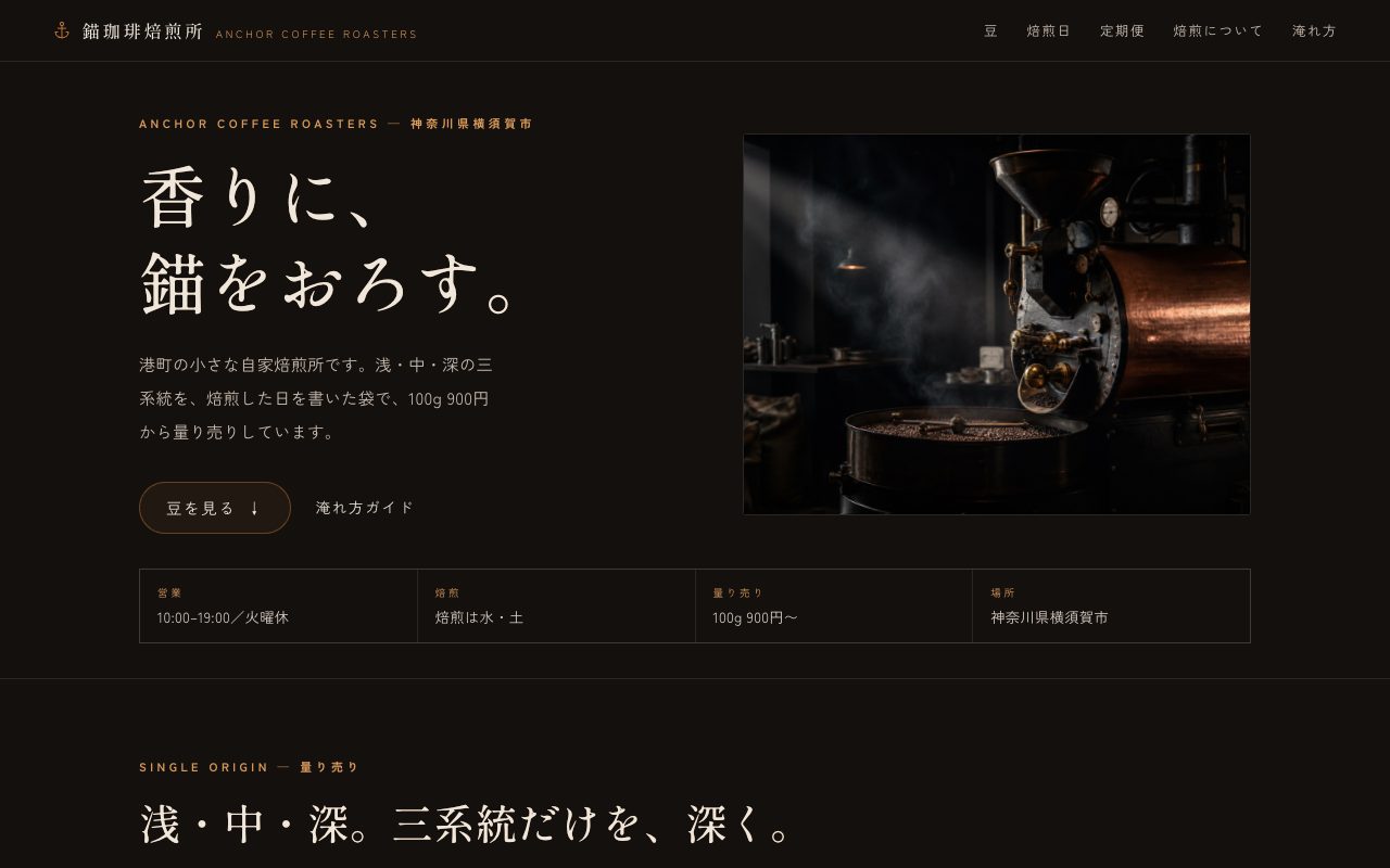 錨珈琲焙煎所のトップページ