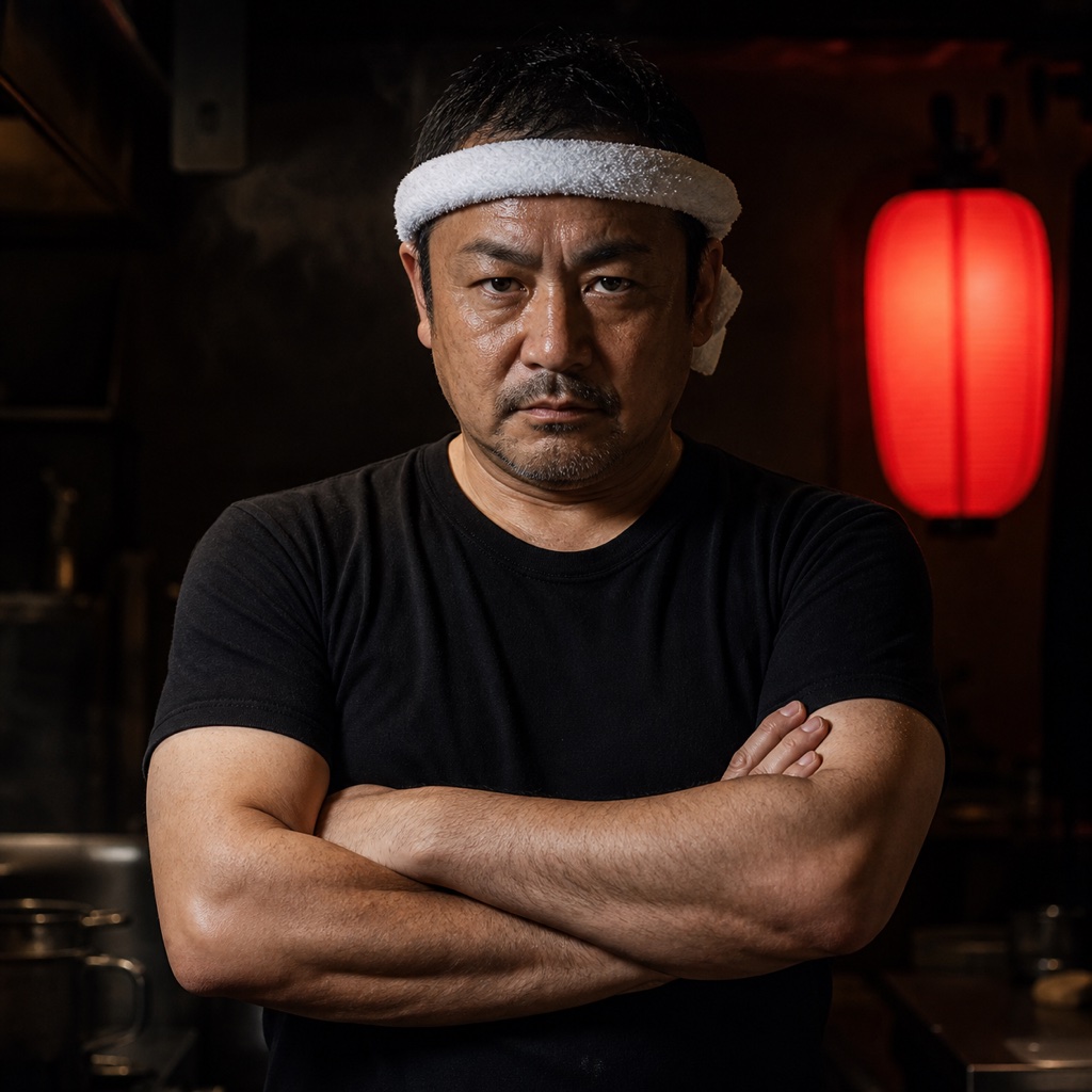 タオル鉢巻に黒Tシャツで腕組みする麺処炎路の店主（AI生成の架空人物）