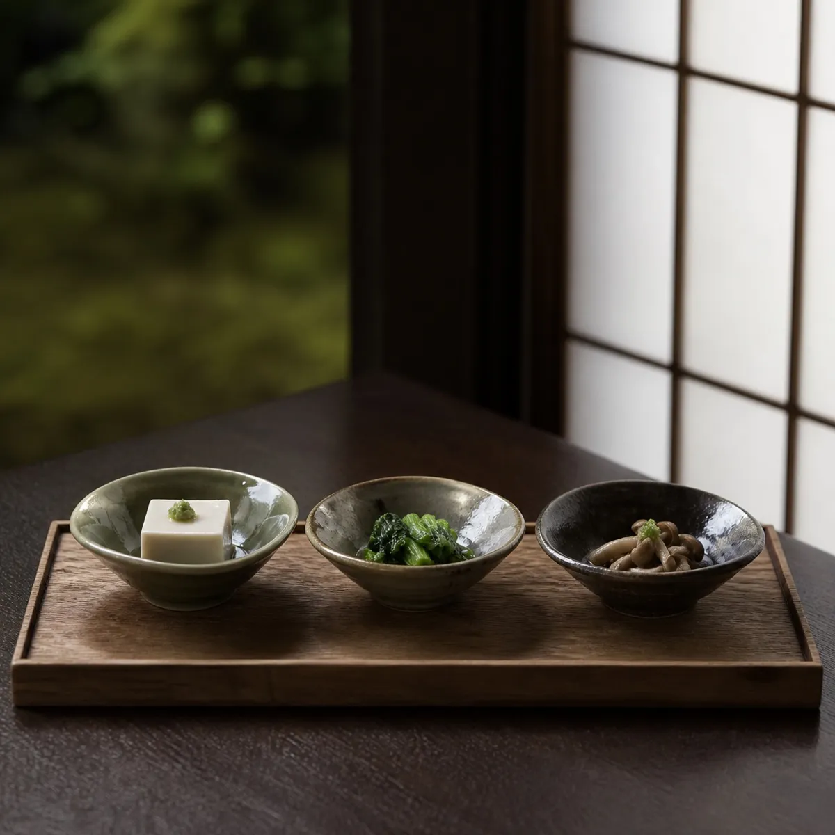 木の折敷に並んだ先付の小鉢三種。豆腐・青菜・きのこ（イメージ）