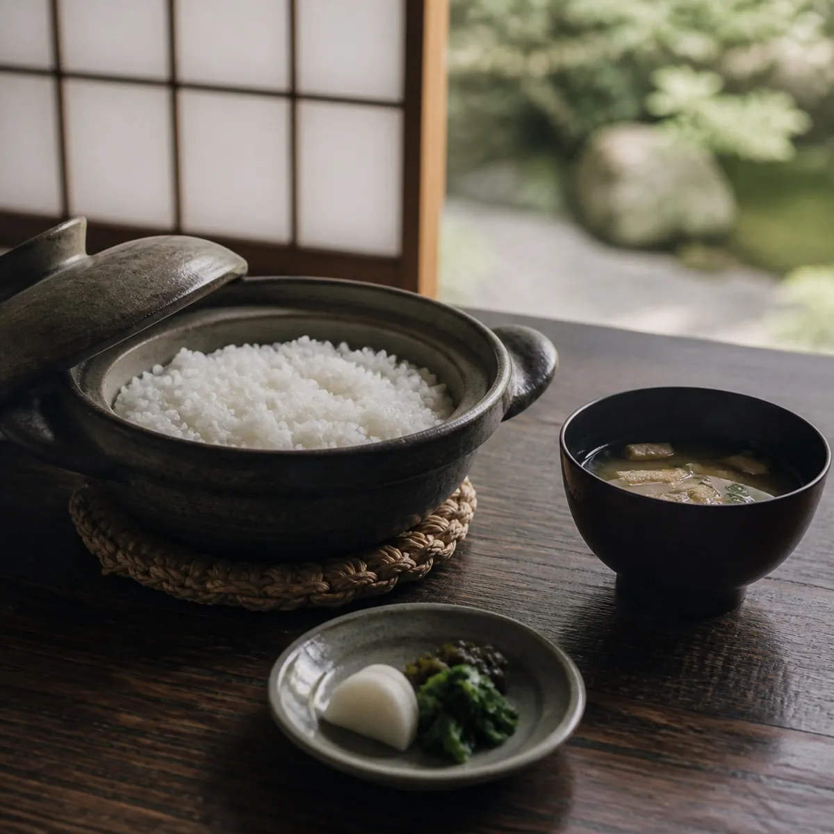 土鍋で炊いた白いごはんと味噌汁、漬物の小皿。朝の柔らかな光（イメージ）