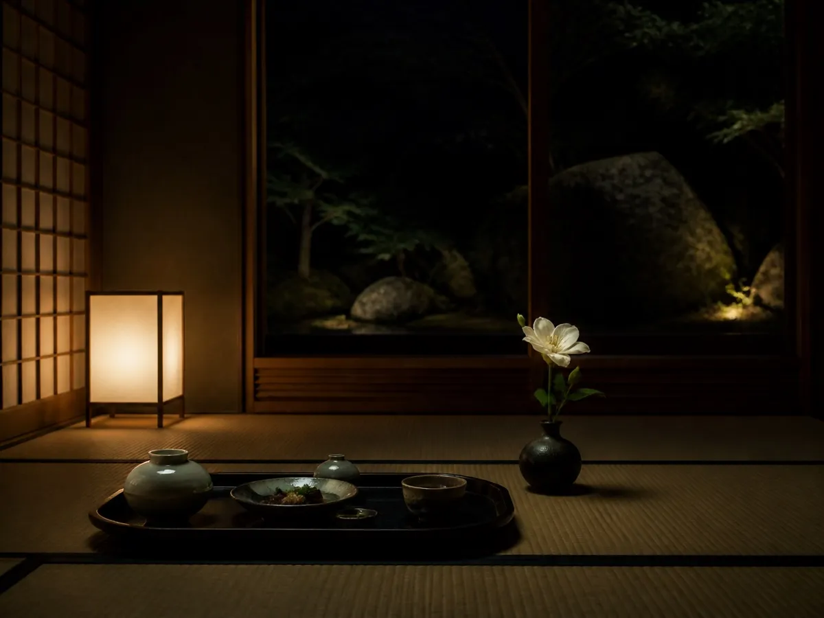 行灯のほのかな灯りに照らされた夜の客室。膳と一輪挿しのしつらえ（イメージ）