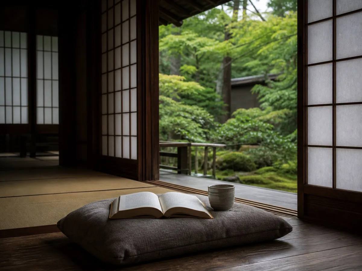 朝の広縁。座布団の上に読みかけの本と湯呑み、障子の外に庭の緑（イメージ）